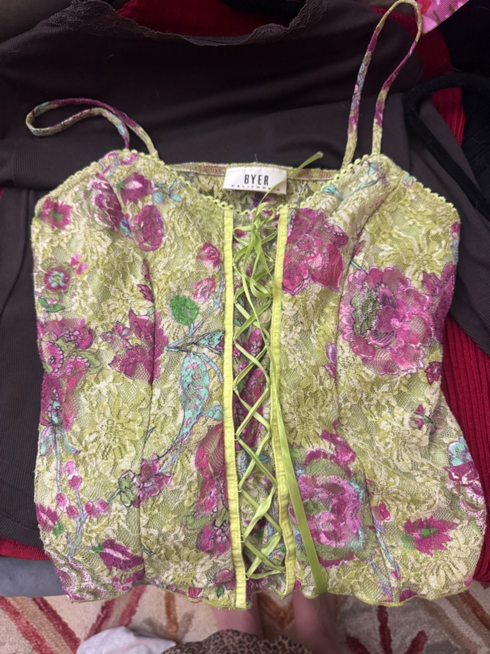 Y2K Lime Green Pink Floral Lace Corset Camisole Cami